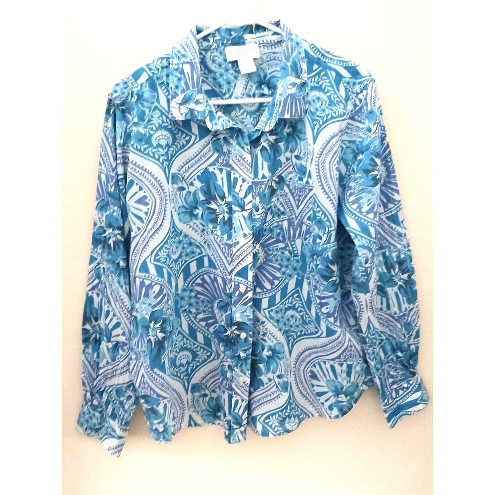 Calypso St Barth Blue/White Print 100% Cotton L/S Collared Shirt Sz L